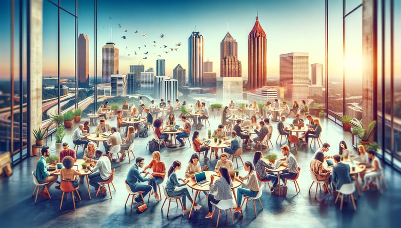 DALL·E 2024-04-12 14.25.49 - Create an image of a tech event in Atlanta, showcasing a diverse group of people, no more than 20 individuals, collaboratively working in groups at th